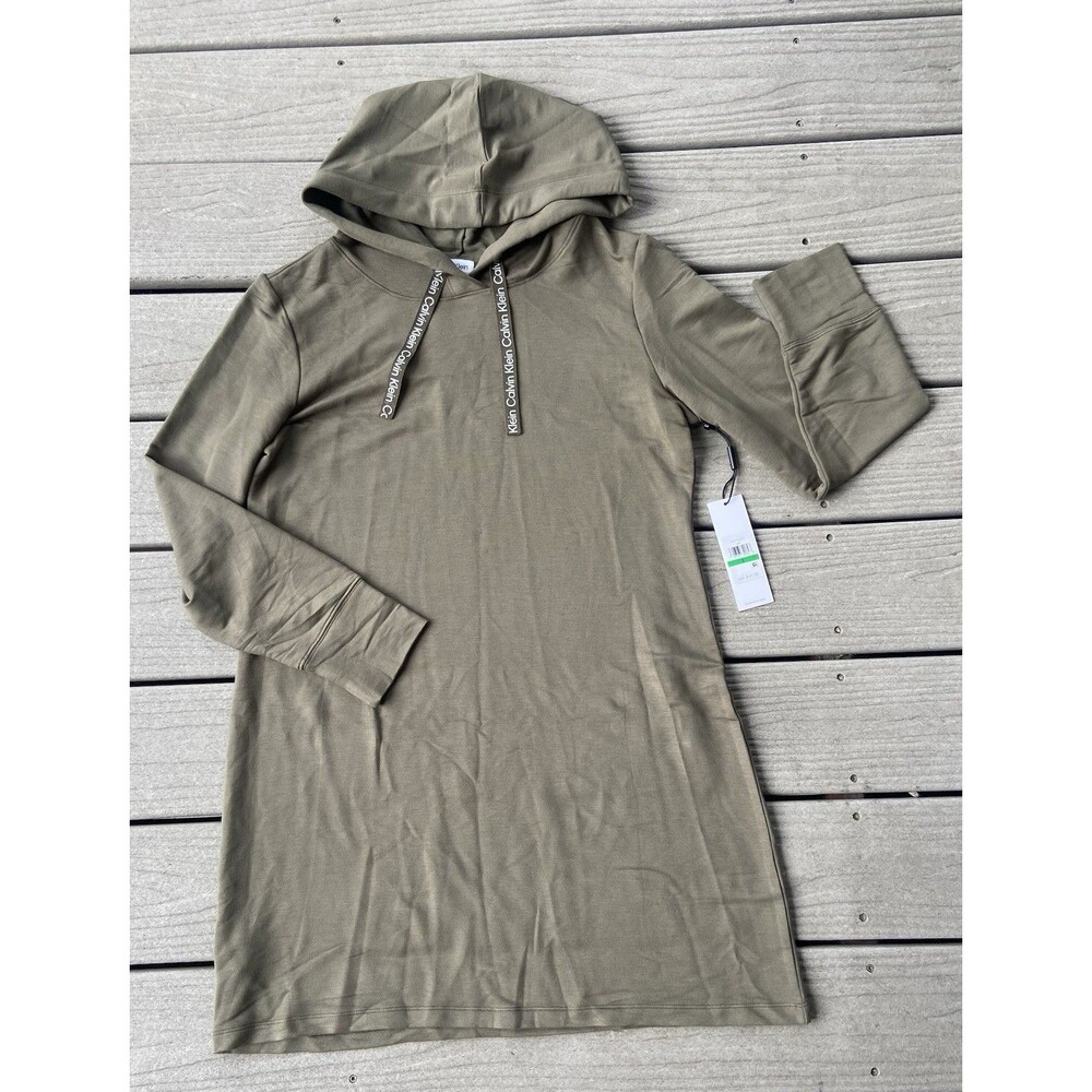 Calvin Klein Women’s L Olive Green Hooded Sweatshirt Dress Logo Drawstring NWT